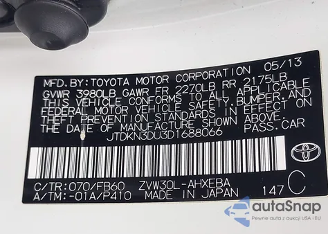 2013 Toyota Prius Three z USA, uszkodzony, nr VIN JTDKN3DU3D1688066